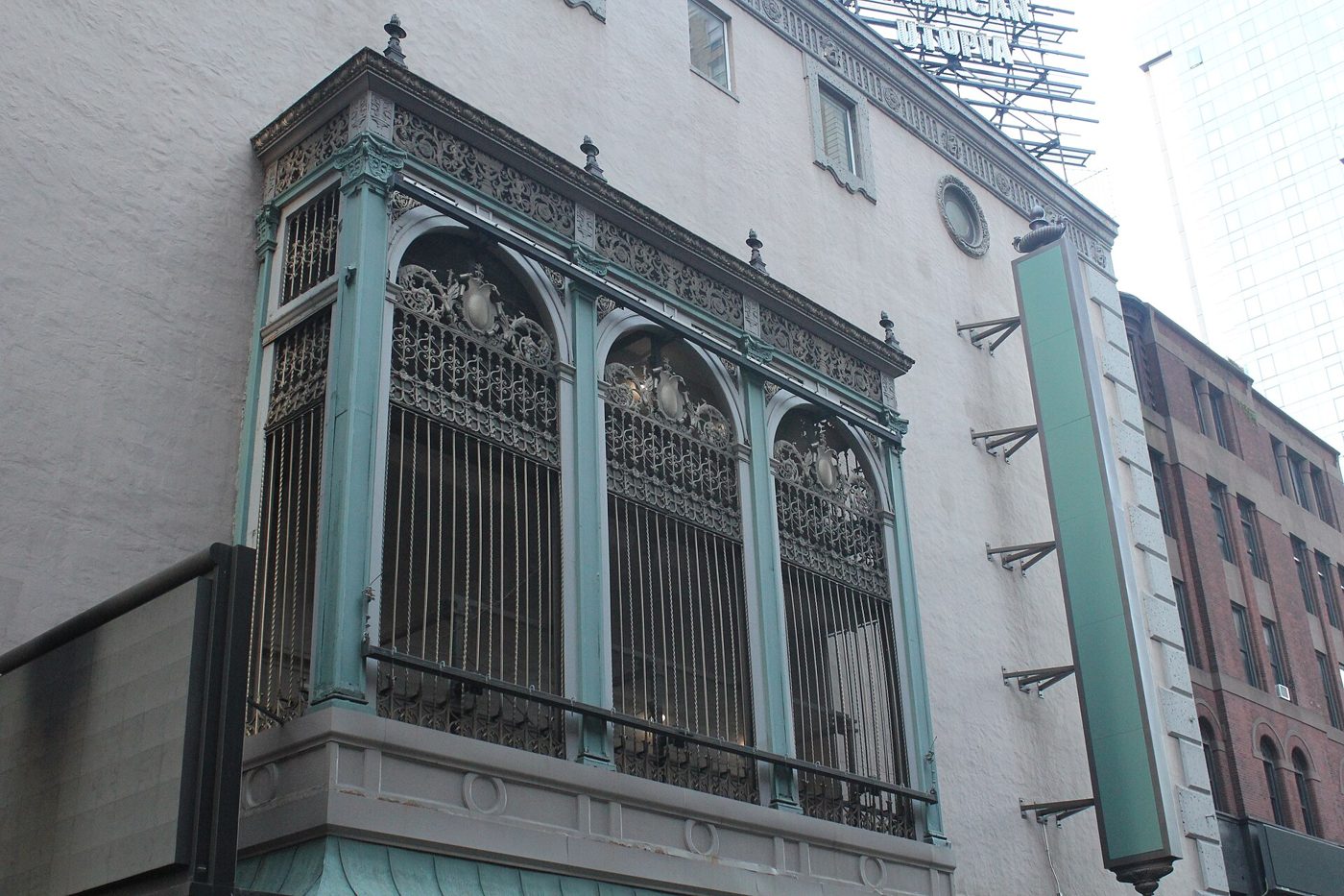 The wrought-iron loggia with arched grilles above the entrance of the St. James Theatre on West 44th Street in Manhattan
