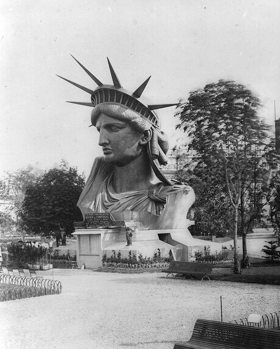 The head of the Statue of Liberty on display in a Paris park in 1878