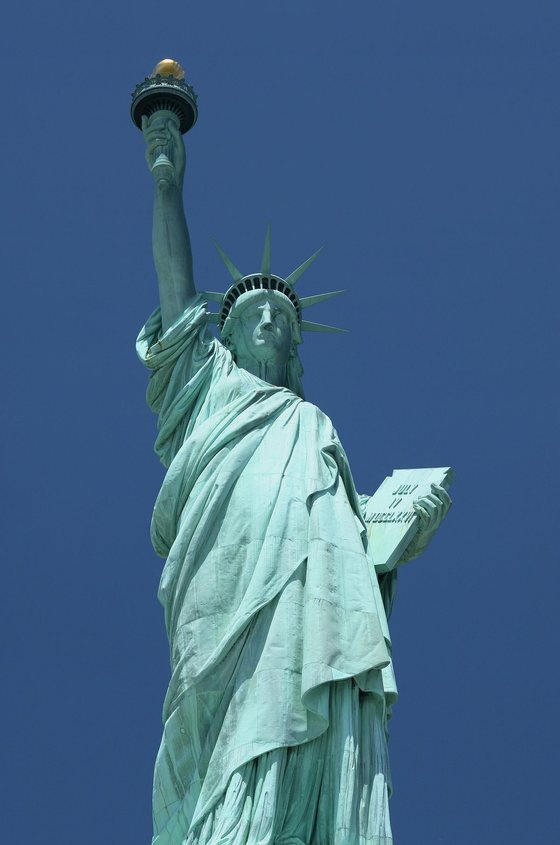 The Statue of Liberty seen from the front on Liberty Island, New York Harbor