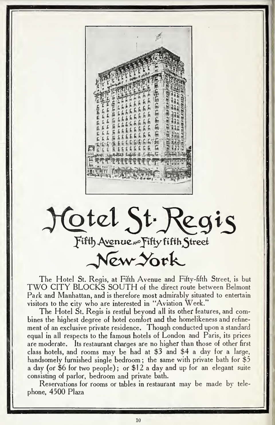 1910 printed advertisement for the Hotel St. Regis