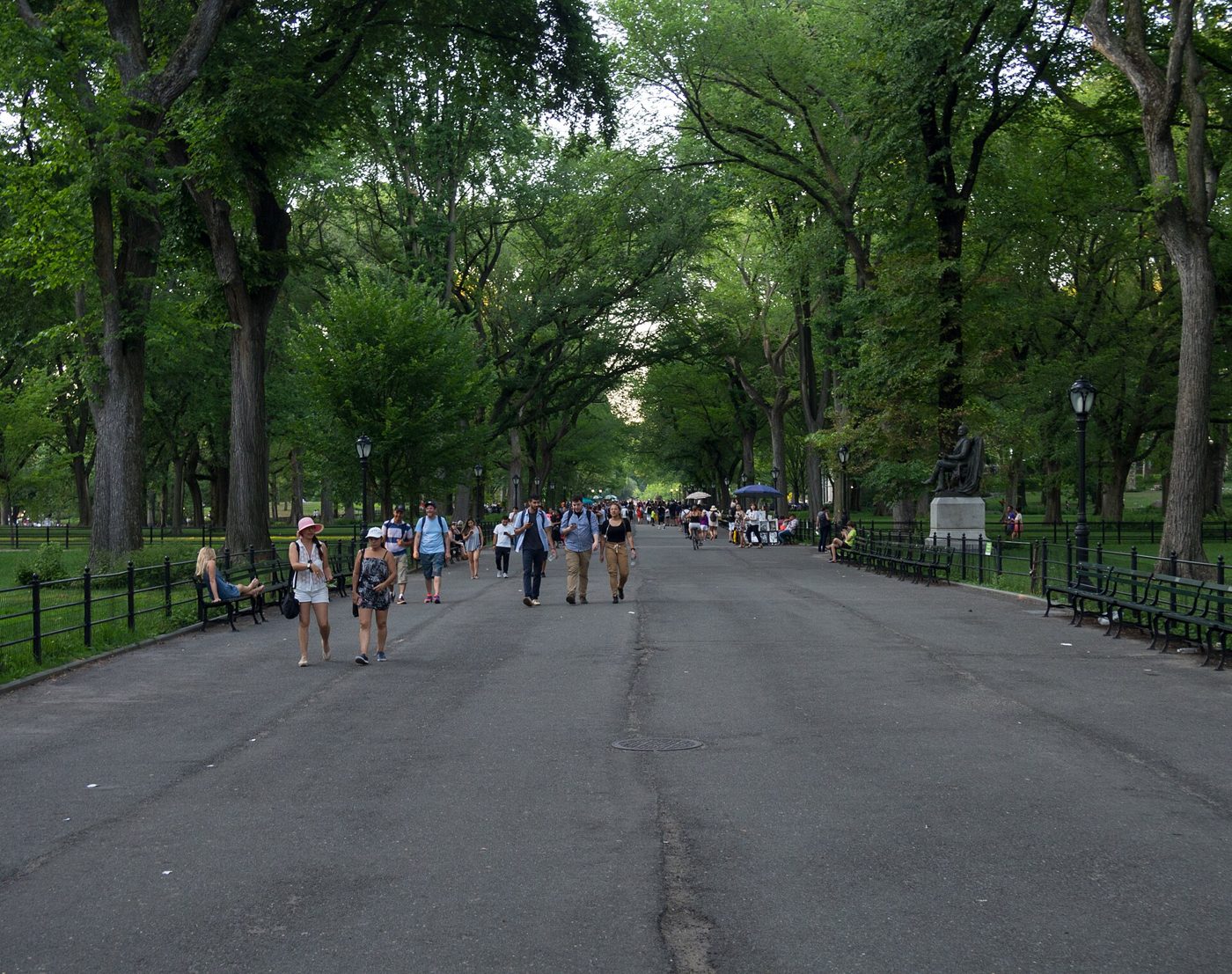 The Mall in Central Park, a wide pedestrian promenade lined with tall trees and strolling people