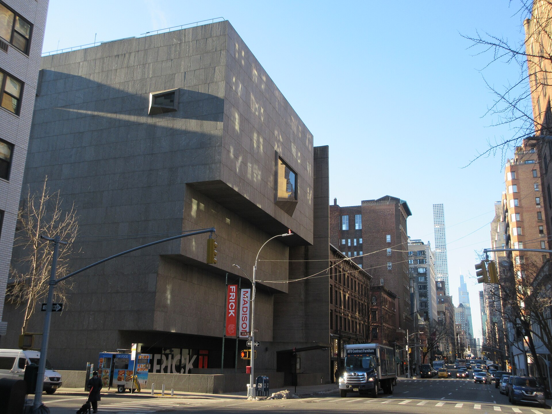 The Breuer building with a Frick Madison banner on the facade during the Frick Collection's residency in 2021