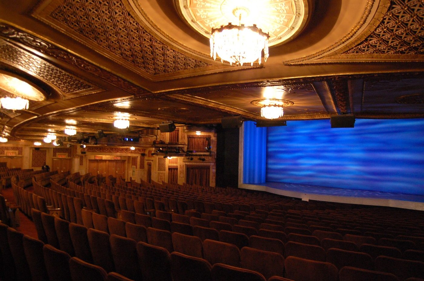 The auditorium and stage of the Winter Garden Theatre in Manhattan with the Mamma Mia! set, 2010