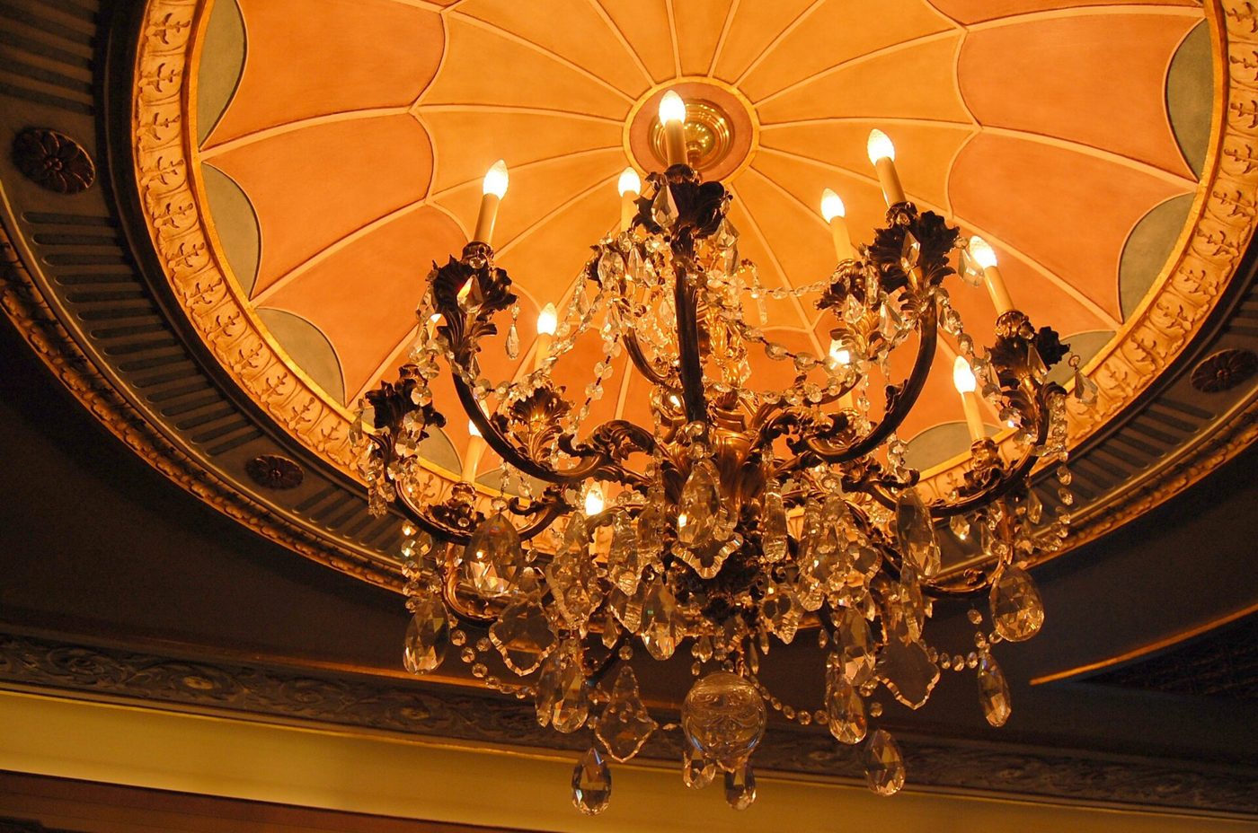 The domed ceiling and crystal chandelier in the auditorium of the Winter Garden Theatre on Broadway in Manhattan, 2010