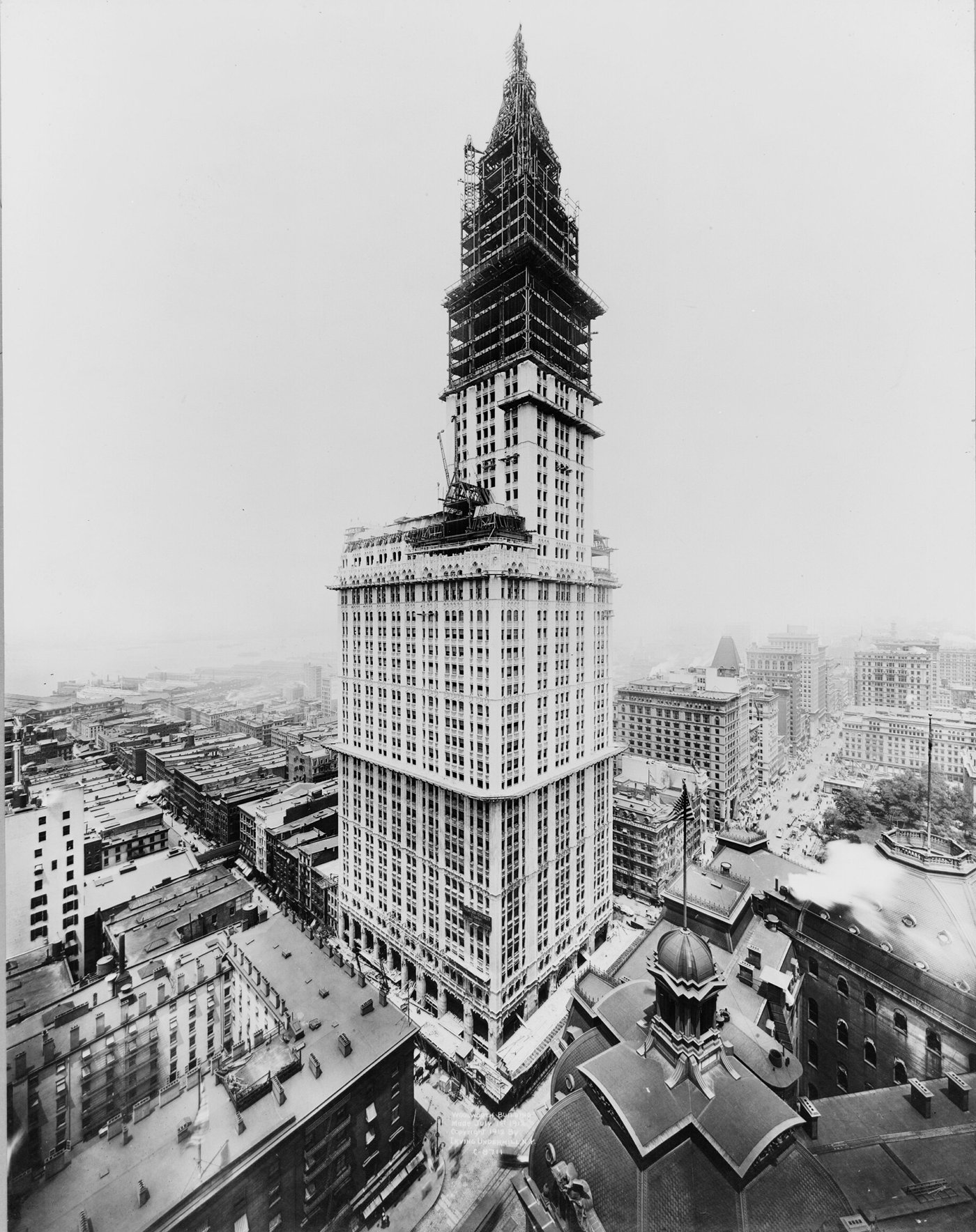 The Woolworth Building's tower under construction in July 1912.