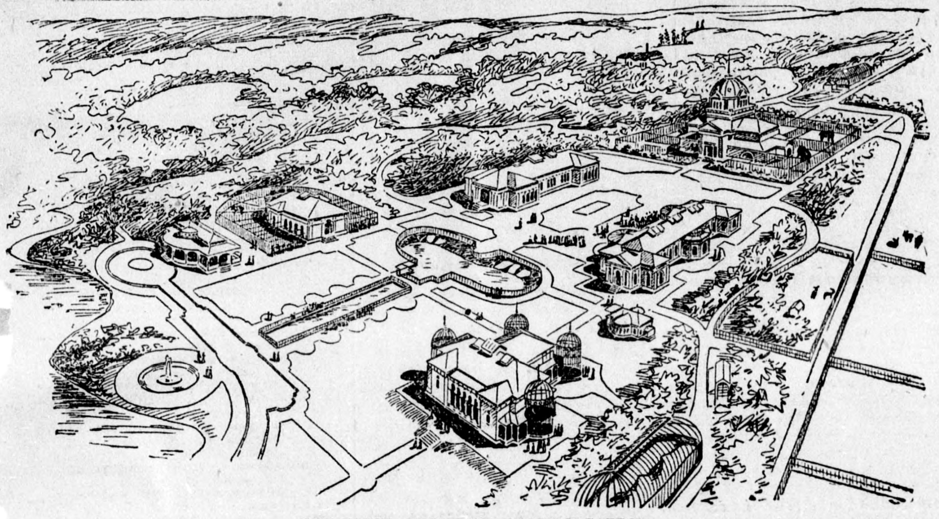 An 1898 bird's-eye drawing of the planned New York Zoological Park, showing formal Beaux-Arts buildings around courts in a wooded landscape